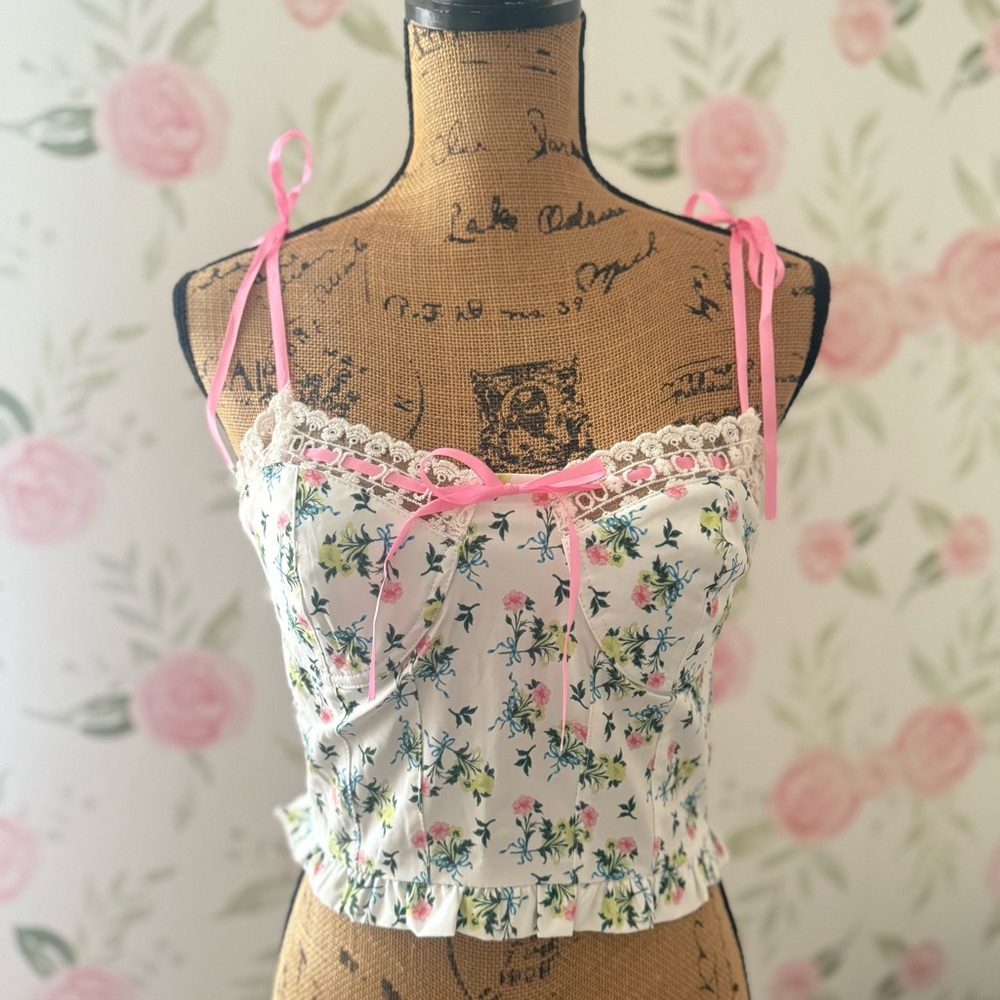 Pastel Floral Cami With Pink Ribbon Straps - New W/Tags